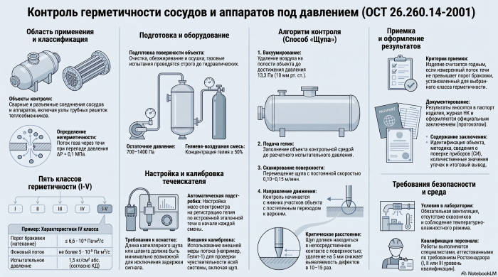 Испытания на герметичность по ОСТ 26.260.14-2001. Сосуды и аппараты, работающие под давлением