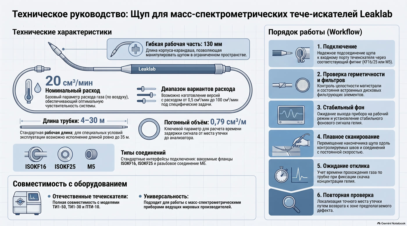Щуповый поиск утечек: газовый тракт и подтвержденные характеристики Инфографика о конструкции щупа для масс-спектрометрического течеискателя