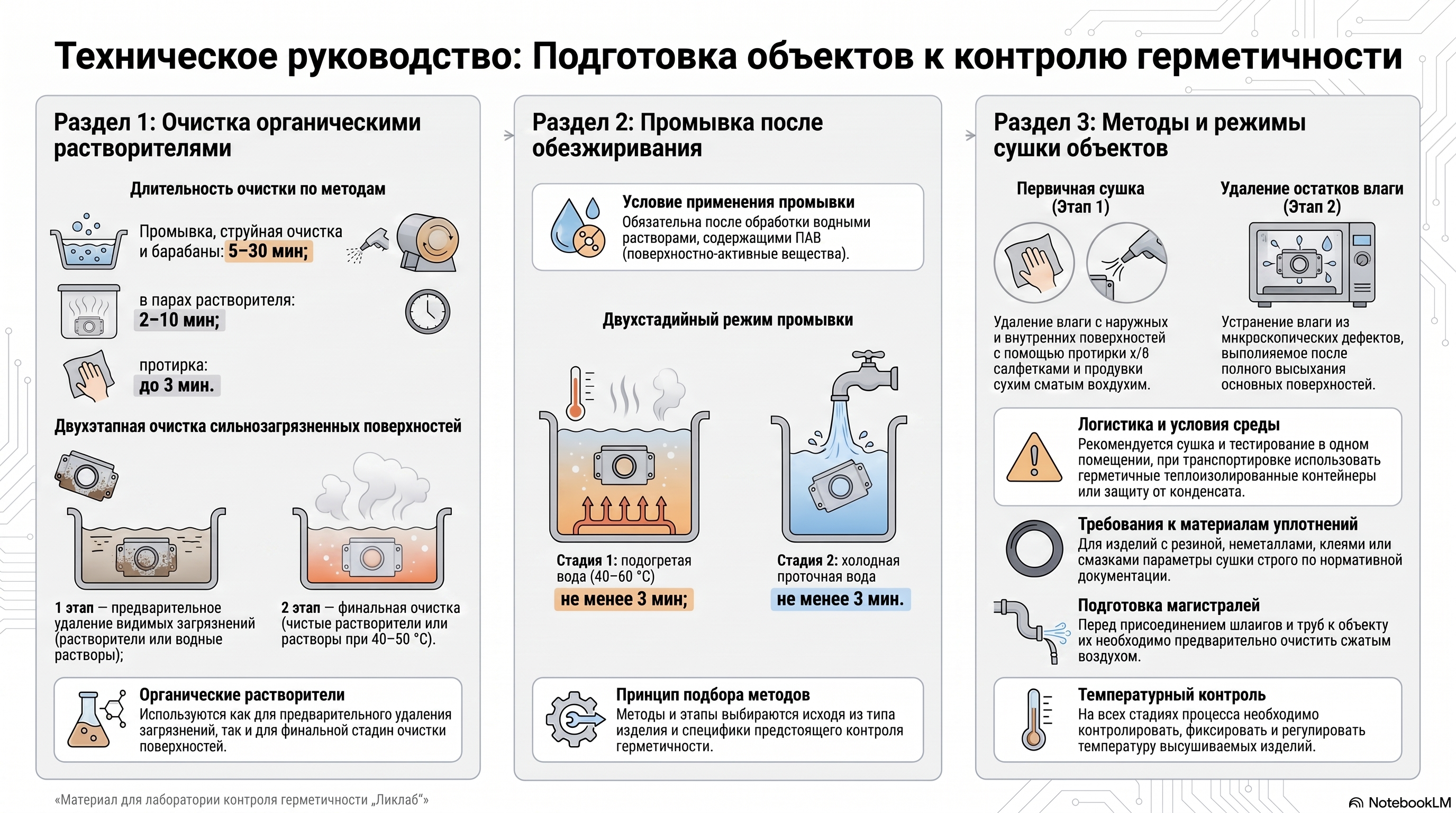 Очистка растворителями, промывка и сушка перед контролем герметичности