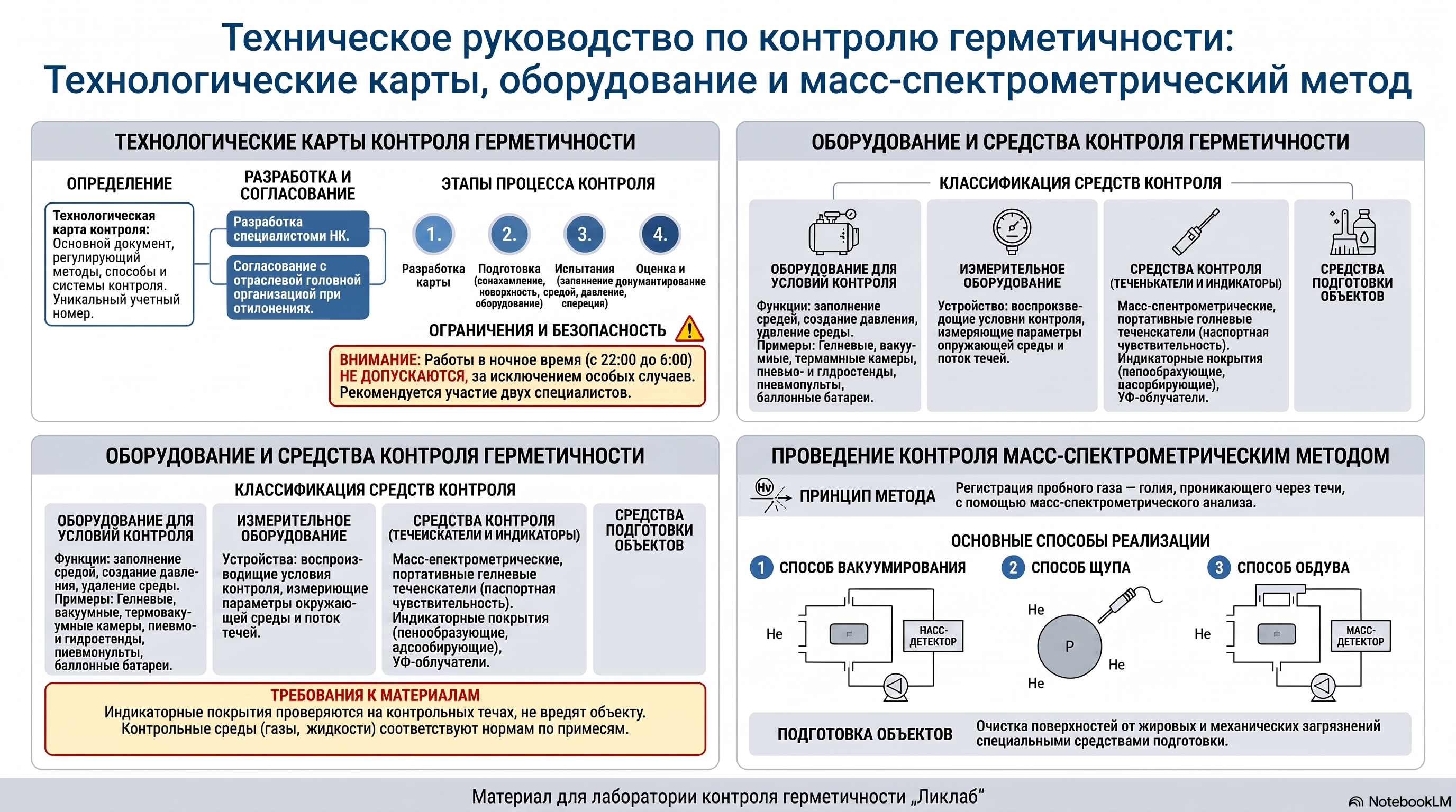 Технологические карты и оборудование для гелиевого контроля герметичности