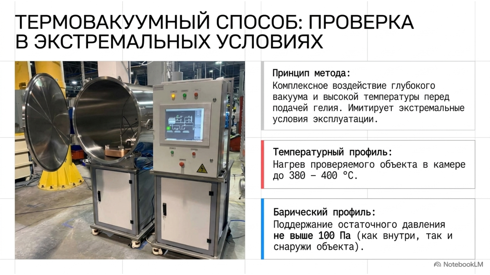Гелиевая камера, опрессовка и термовакуумный контроль герметичности — технический слайд 12 из 15