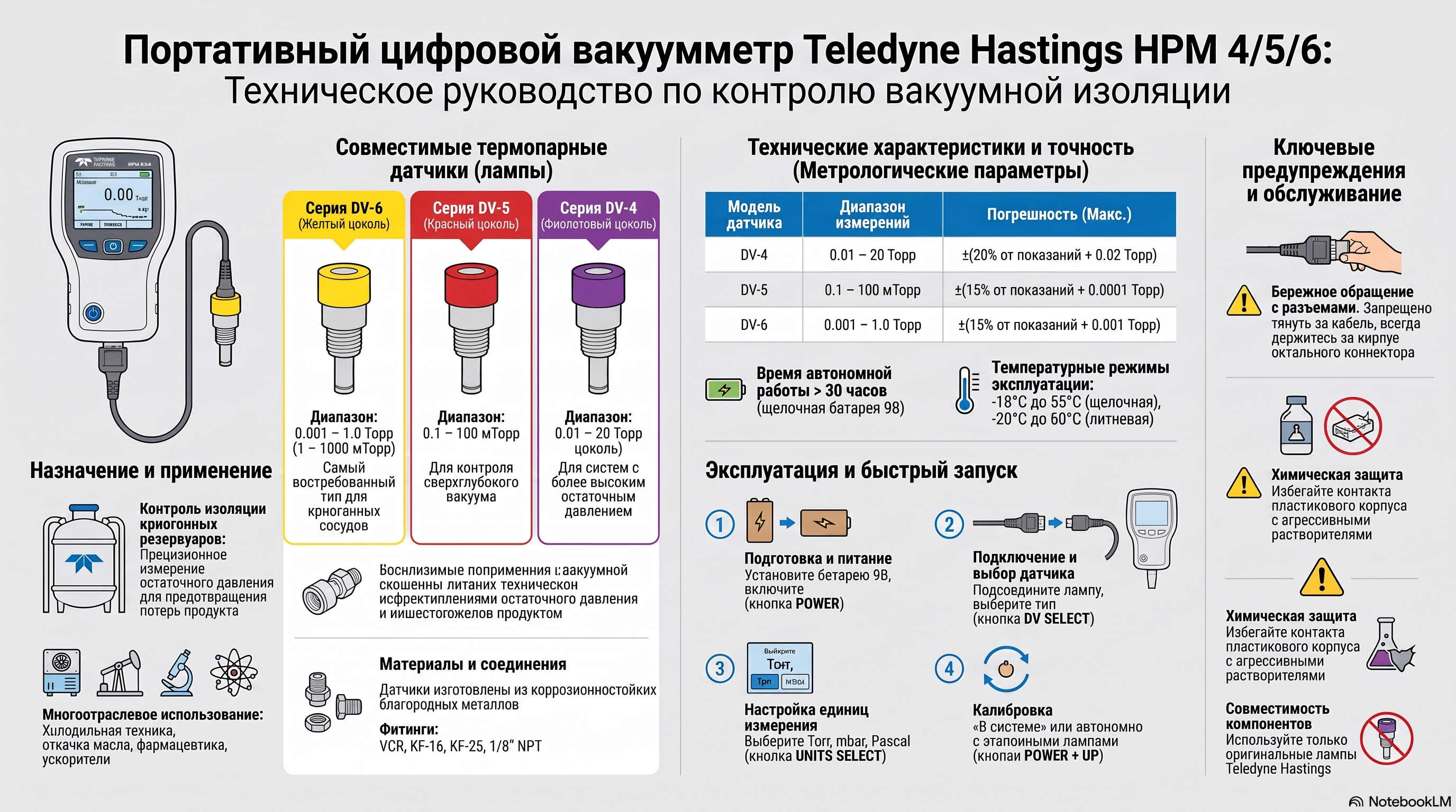 Подробная инфографика Teledyne Hastings HPM 4/5/6: датчики DV-4, DV-5, DV-6, диапазоны, точность и эксплуатация
