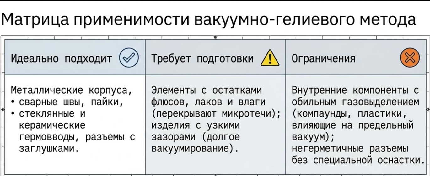 Матрица применимости вакуумно-гелиевого метода для электронных модулей