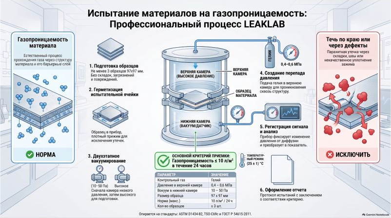 Испытание материала на газопроницаемость методом дифференциального давления