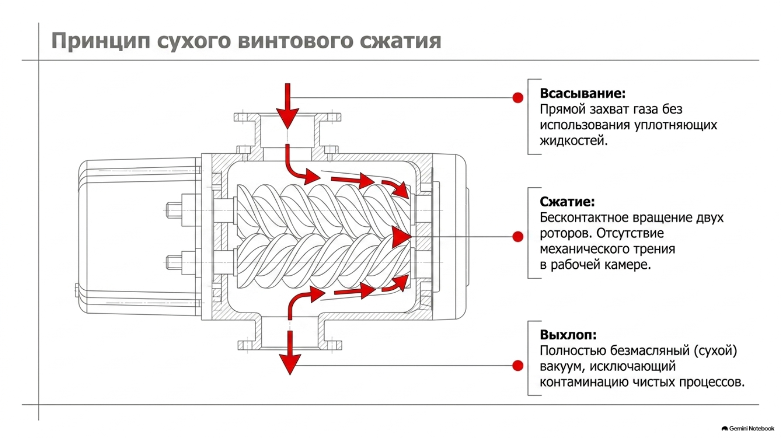 Принцип сухого винтового сжатия в насосе LEAKLAB MRS-120L