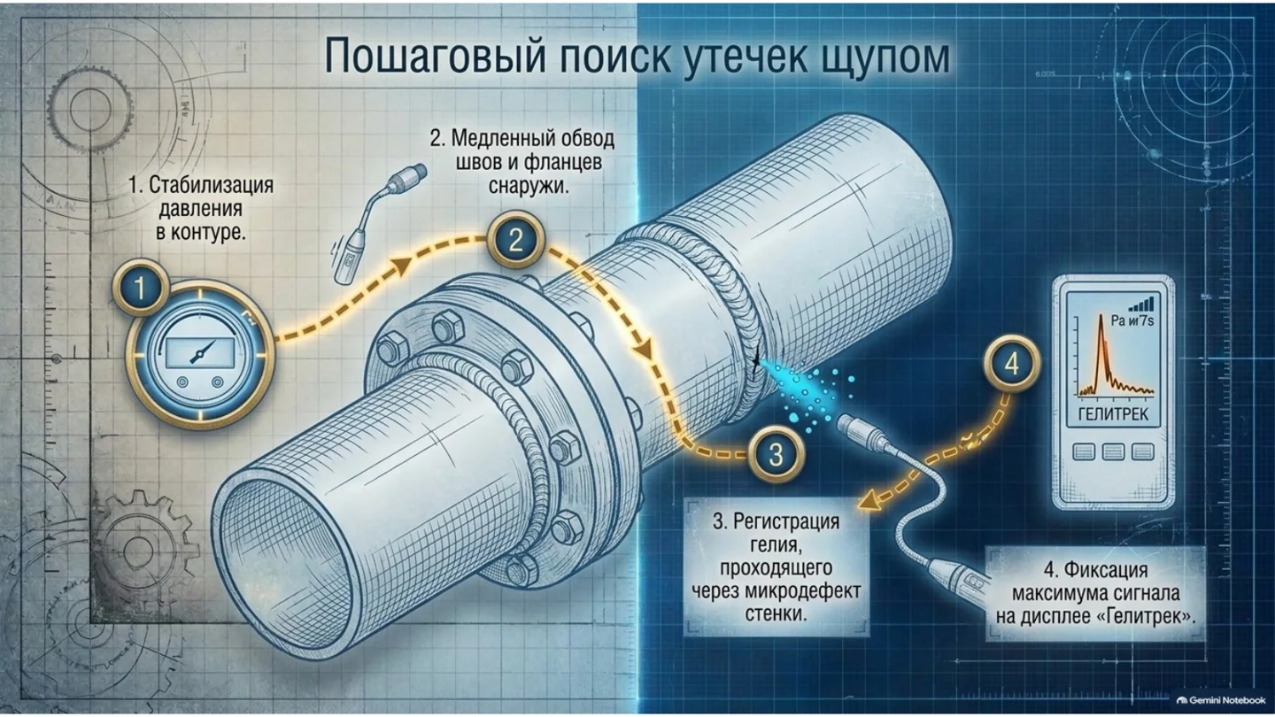 Пошаговая схема поиска утечек гелия щуповым методом