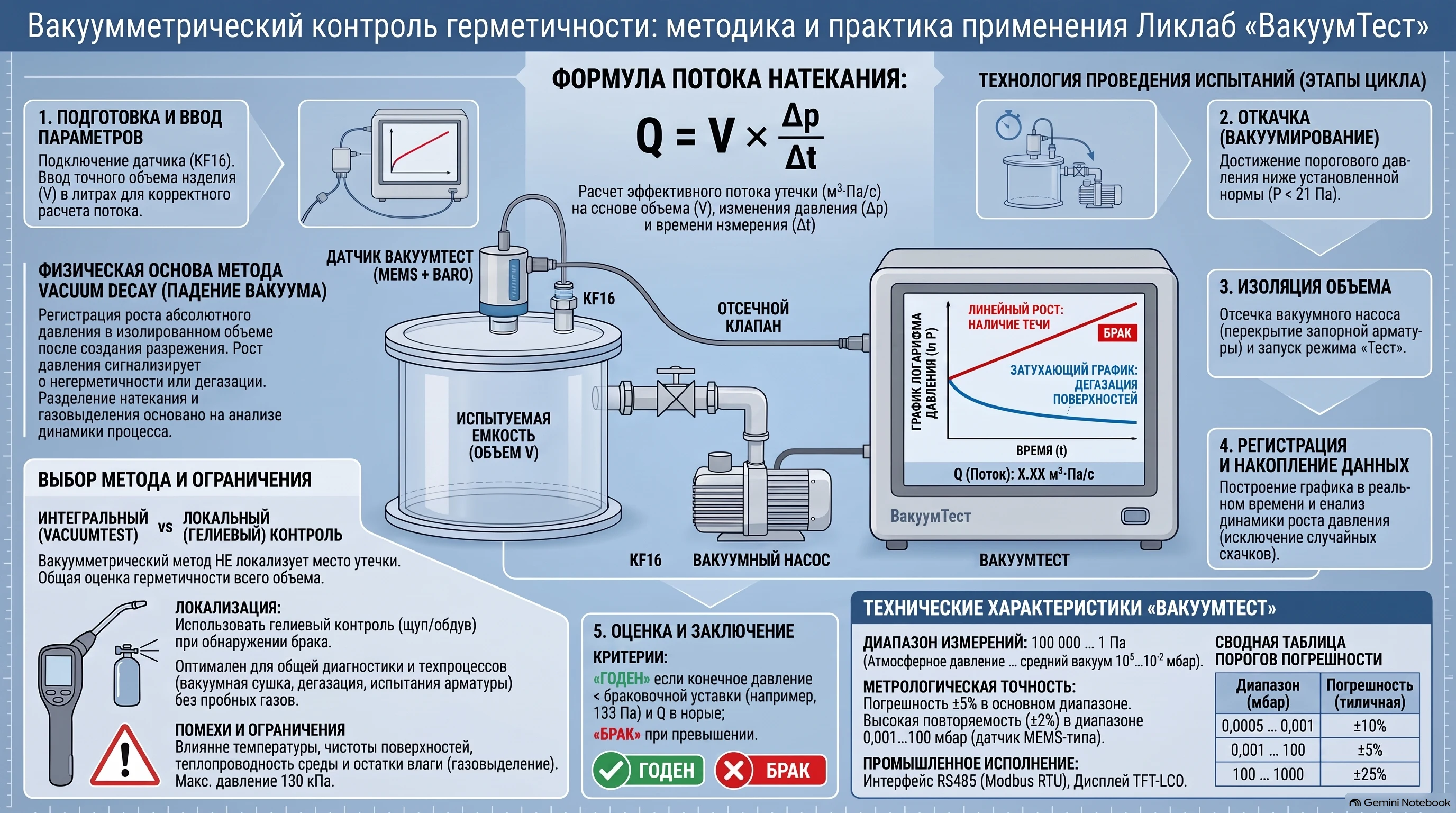 Инфографика методики вакуумметрического контроля герметичности vacuum decay