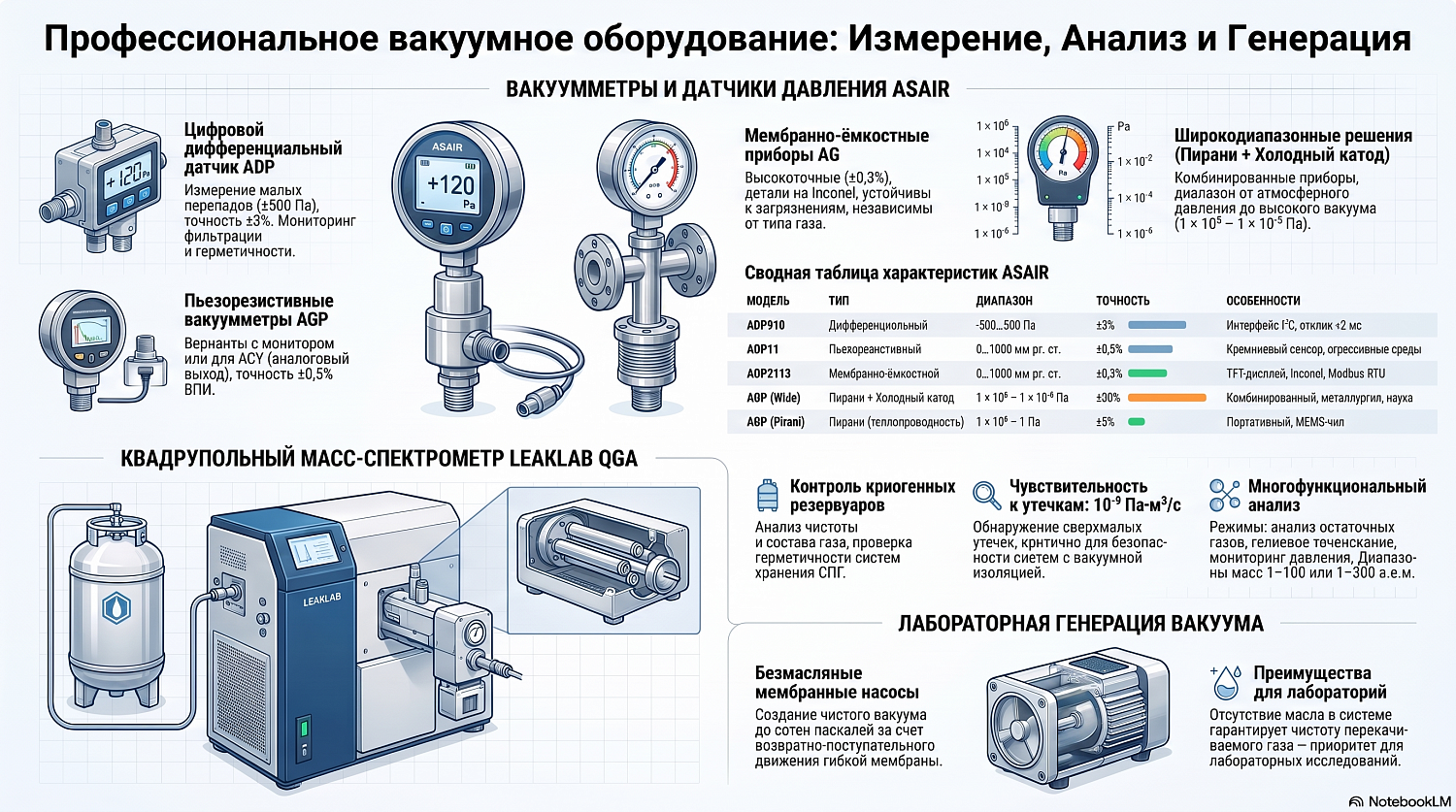 Вакуумметры ASAIR, масс-спектрометр Leaklab QGA и лабораторные насосы
