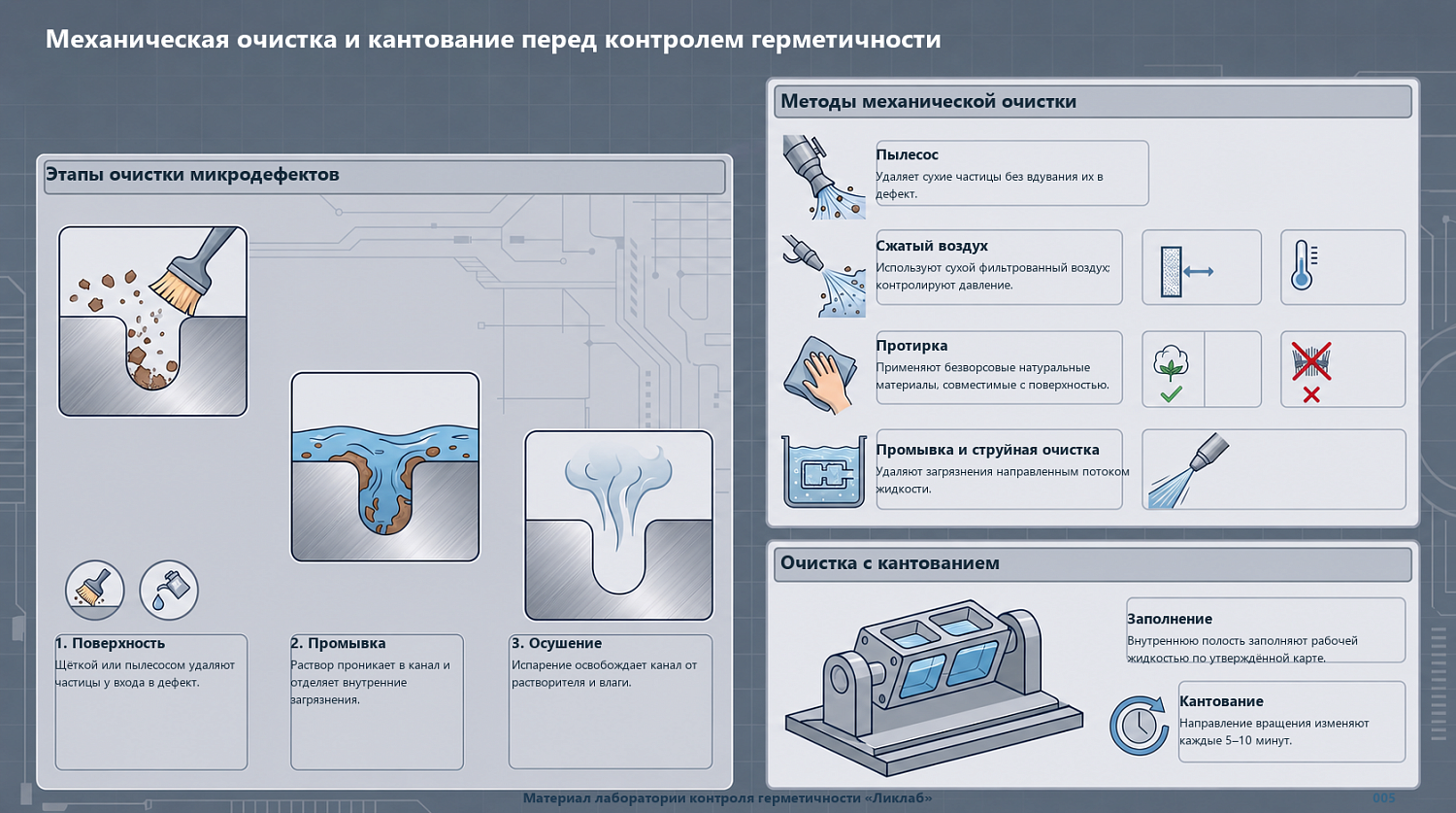 Механическая очистка и кантование перед контролем герметичности