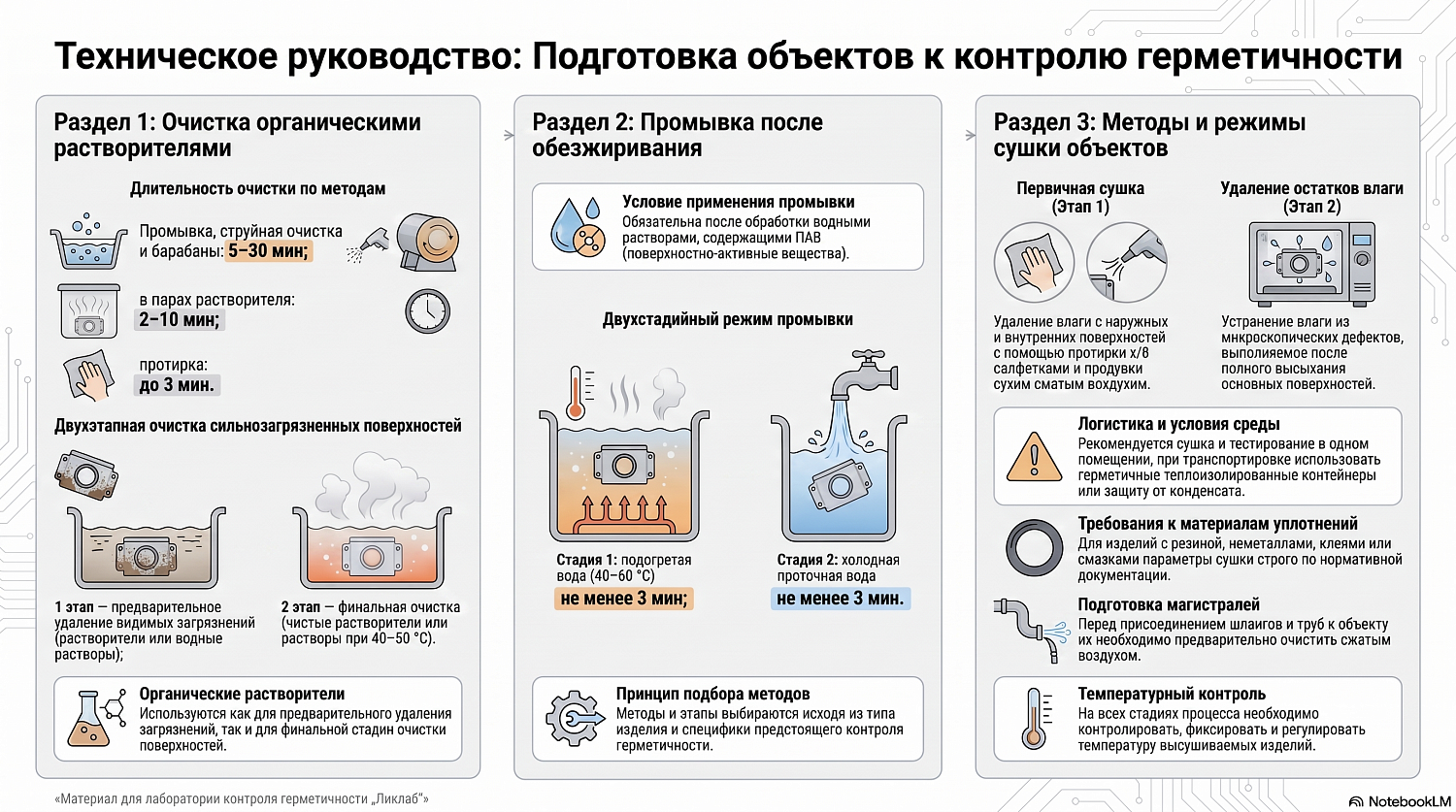 Очистка растворителями, промывка и сушка перед контролем герметичности